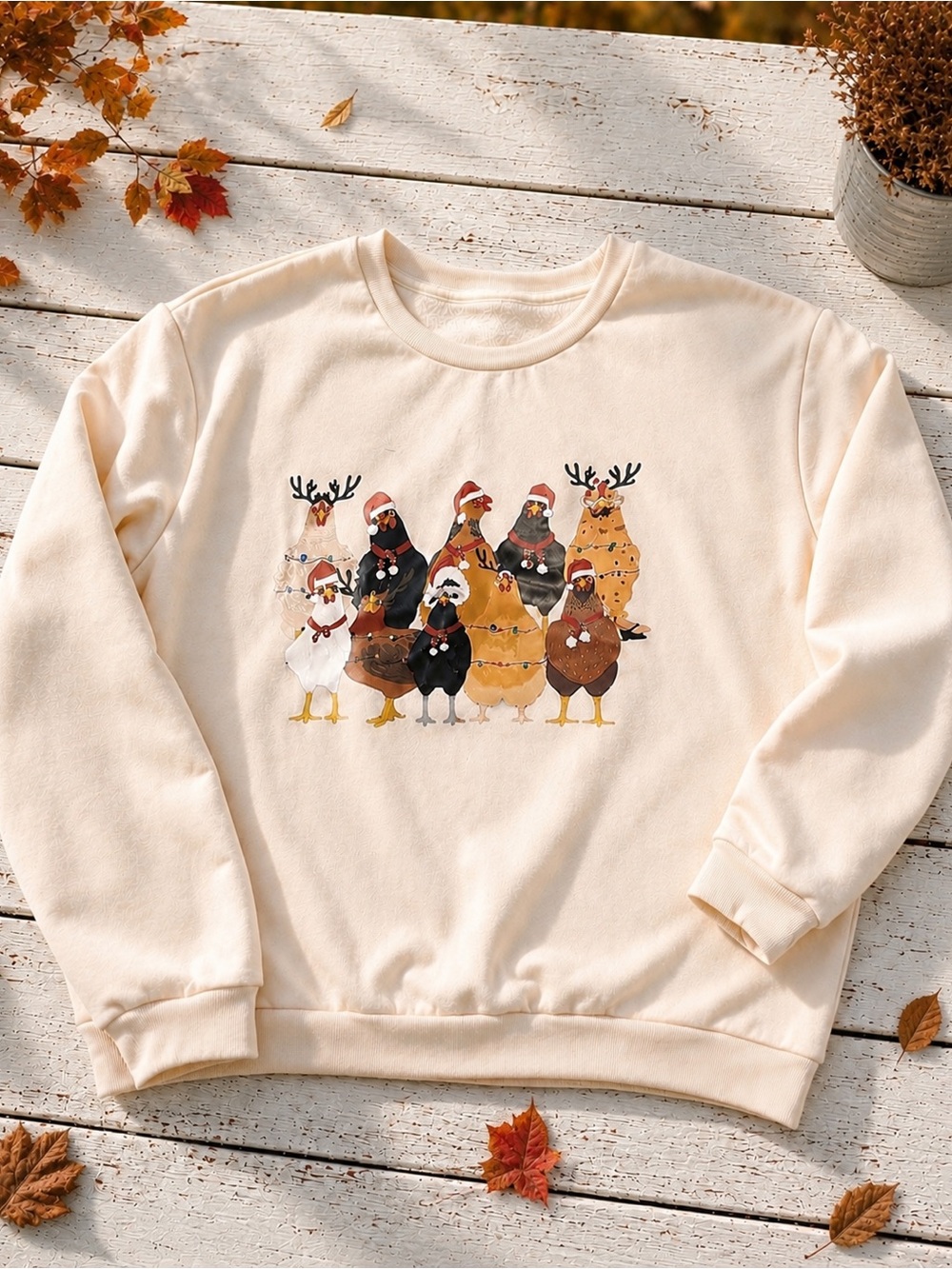 SHEIN Curve 2X Christmas Chicken Graphic Sweatshirt Cream Farmhouse Holiday